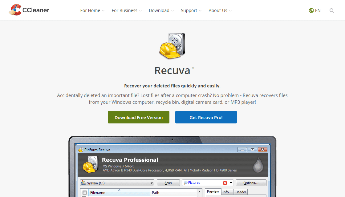 Официальный сайт: страница Recuva